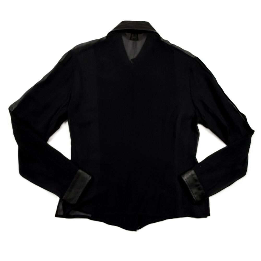 SAGAIE 90s VTG Paris black sheer long-sleeve tuxedo-style blouse leather trim - Picture 13 of 15